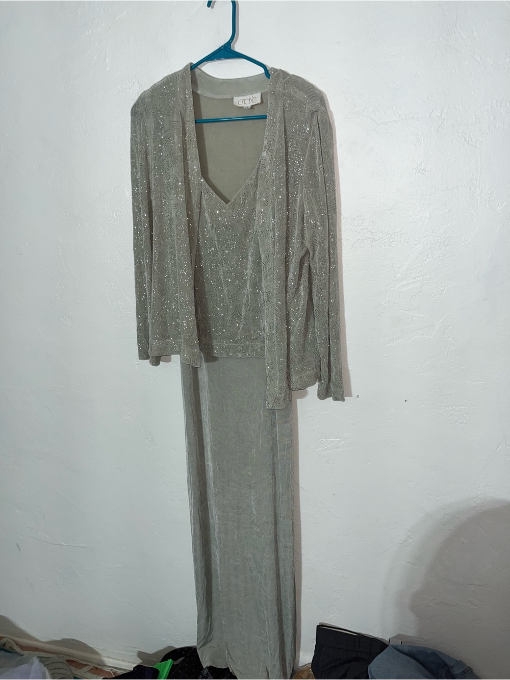Cache Mint Green Embellished Sparkly Glitter Dress Jacket Set Stretchy VTG 14